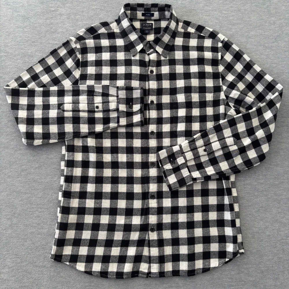 J.Crew Mens Slim Fit Flannel Shirt Large Black White Buffalo Check Plaid Cotton